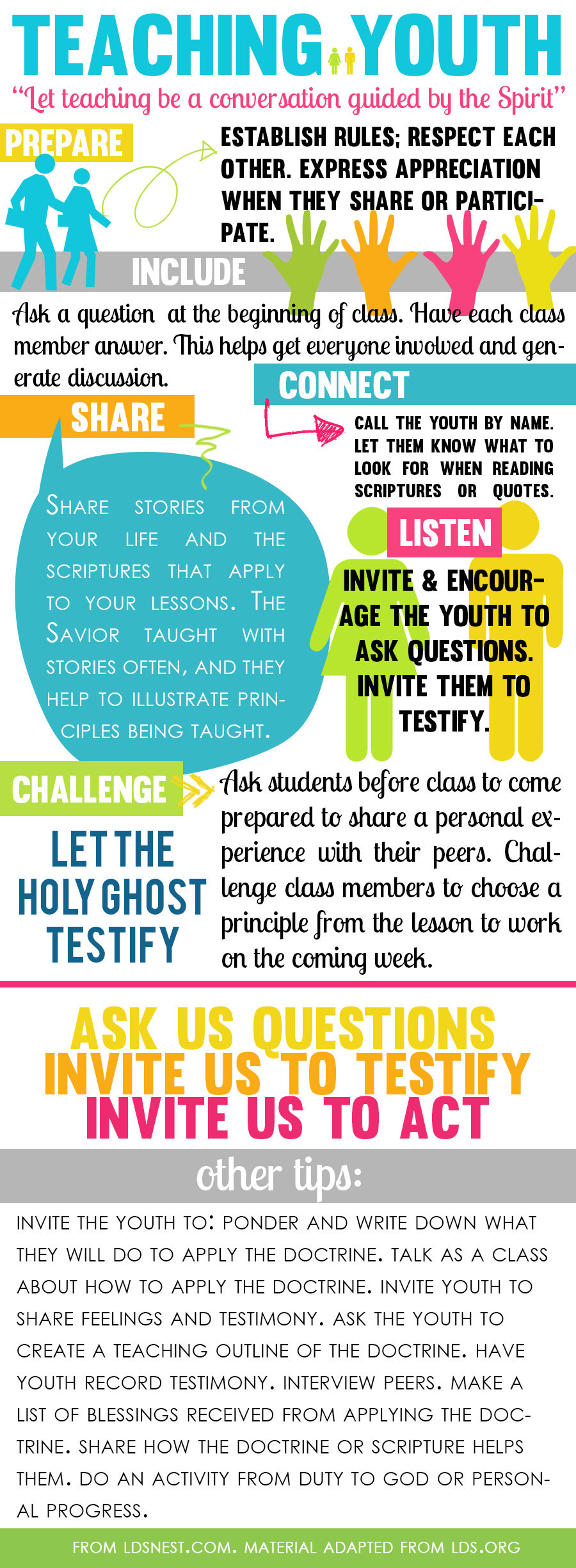 Tips for Teaching Youth infographic from LDSNEST.COM. Tips for teaching Come, Follow Me and engaging the youth. #ldsyouth #ldsnest #lds #ldsyw 
