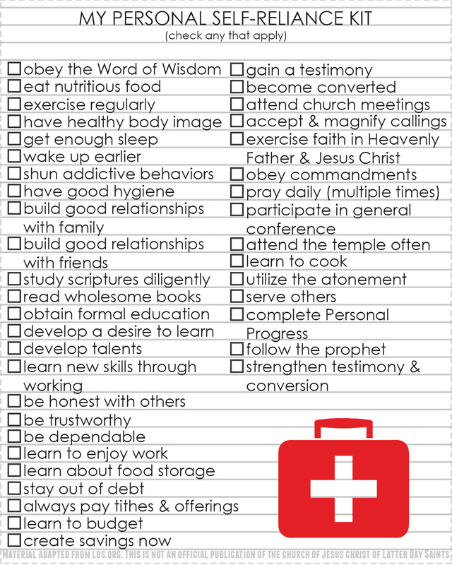 My Personal Self-Reliance Kit checklist. What does it mean to be self-reliant? handouts from LDS NEST for Come, Follow Me #lds #ldsyw #ldsnest