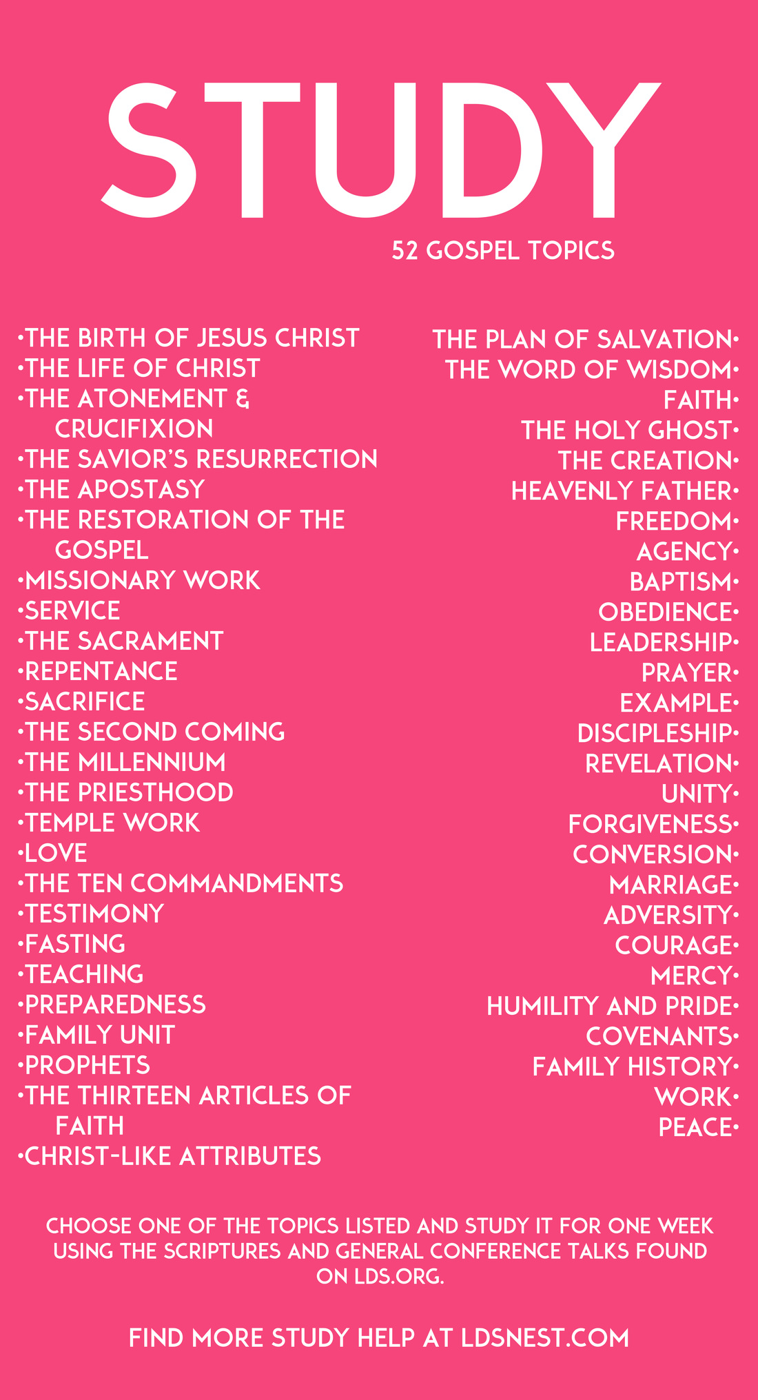 52 gospel study topics. Choose one each week and you're set for the year! #lds #ldsnest Use for personal study or for your classes and youth